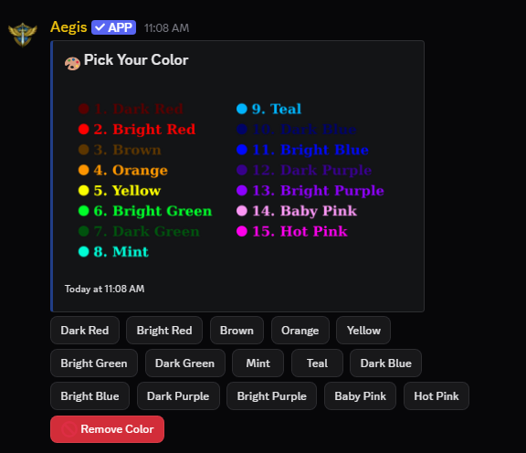 The color role picker in a Discord channel