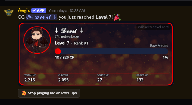 An Aegis level card showing level, XP and stats