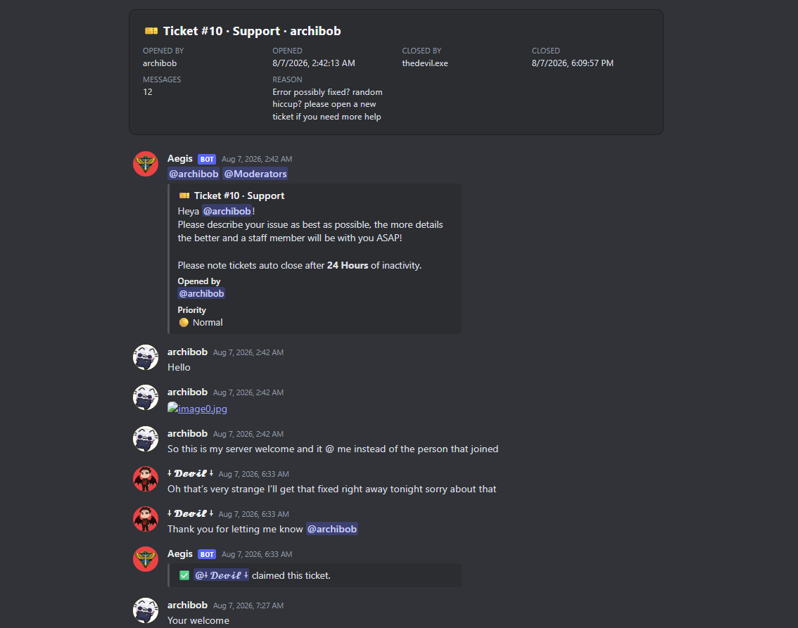 A ticket transcript viewed in the dashboard